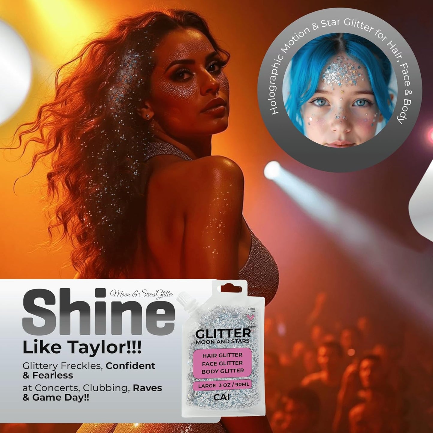 Face, Body & Hair Glitter Gel – Halloween Glitter for Kids and Women – 3 Oz Cosmetic-Grade Gel w/Moon & Stars for Festivals & Halloween Party, Easy Apply & Wash Off - Violet 2Pack