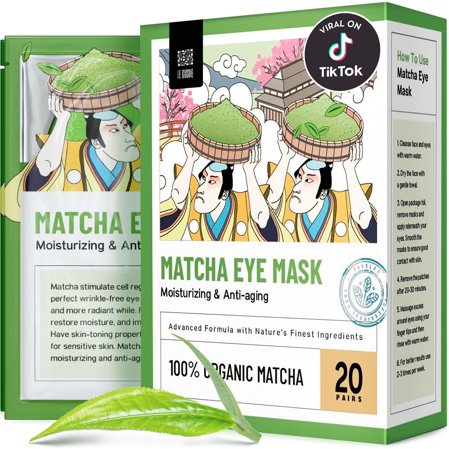 LE GUSHE Under Eye Mask & Under Eye Patches (20 Pairs) - Green Tea Eye Mask with Collagen & Amino Acid, Cooling Eye Care for Wrinkles, Puffy Eyes & Dark Circles, Brightening Skincare