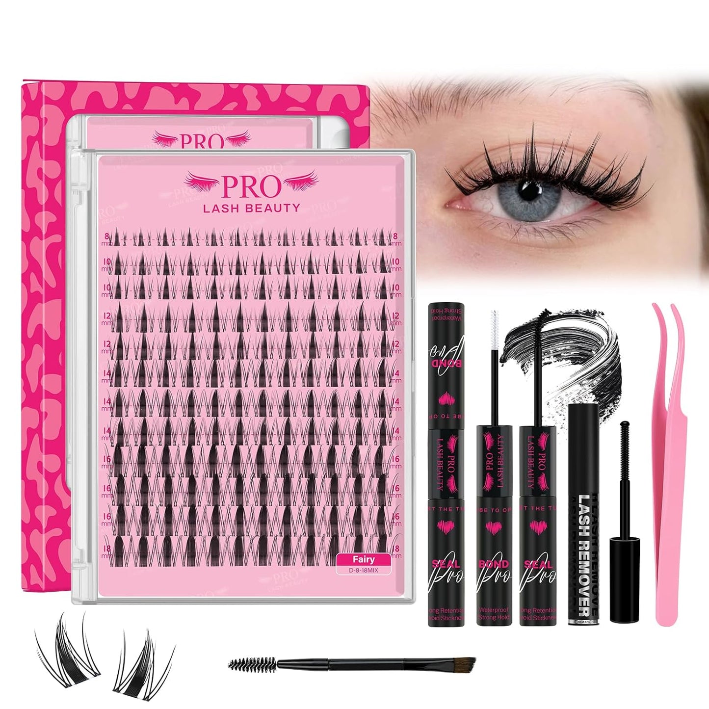 PROLASHBEAUTY Fairy Lash Clusters Kit Manga Spiky Eyelash Clusters Ultra Thin Band Natural Look Lashes Kit with Lash Bond and Seal Remover (Fairy, 8-18mix)