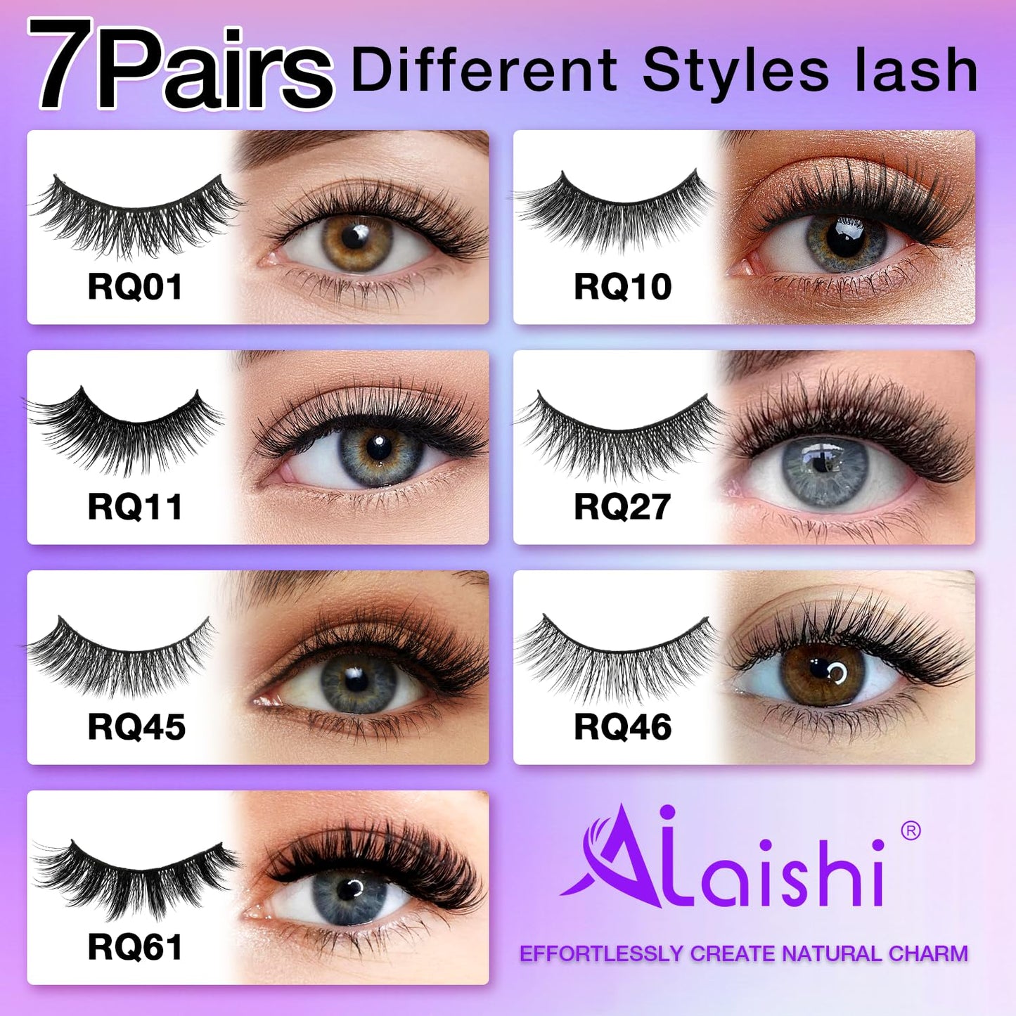 Wispy False Eyelashes Kit With Bond, Seal and Tweezer, 7 Pairs Natural Look Fake Cat Eye Lashes Strips Thin Band Extensions Waterproof Easy Eyelashes for Beginners RQ7Variety Mix