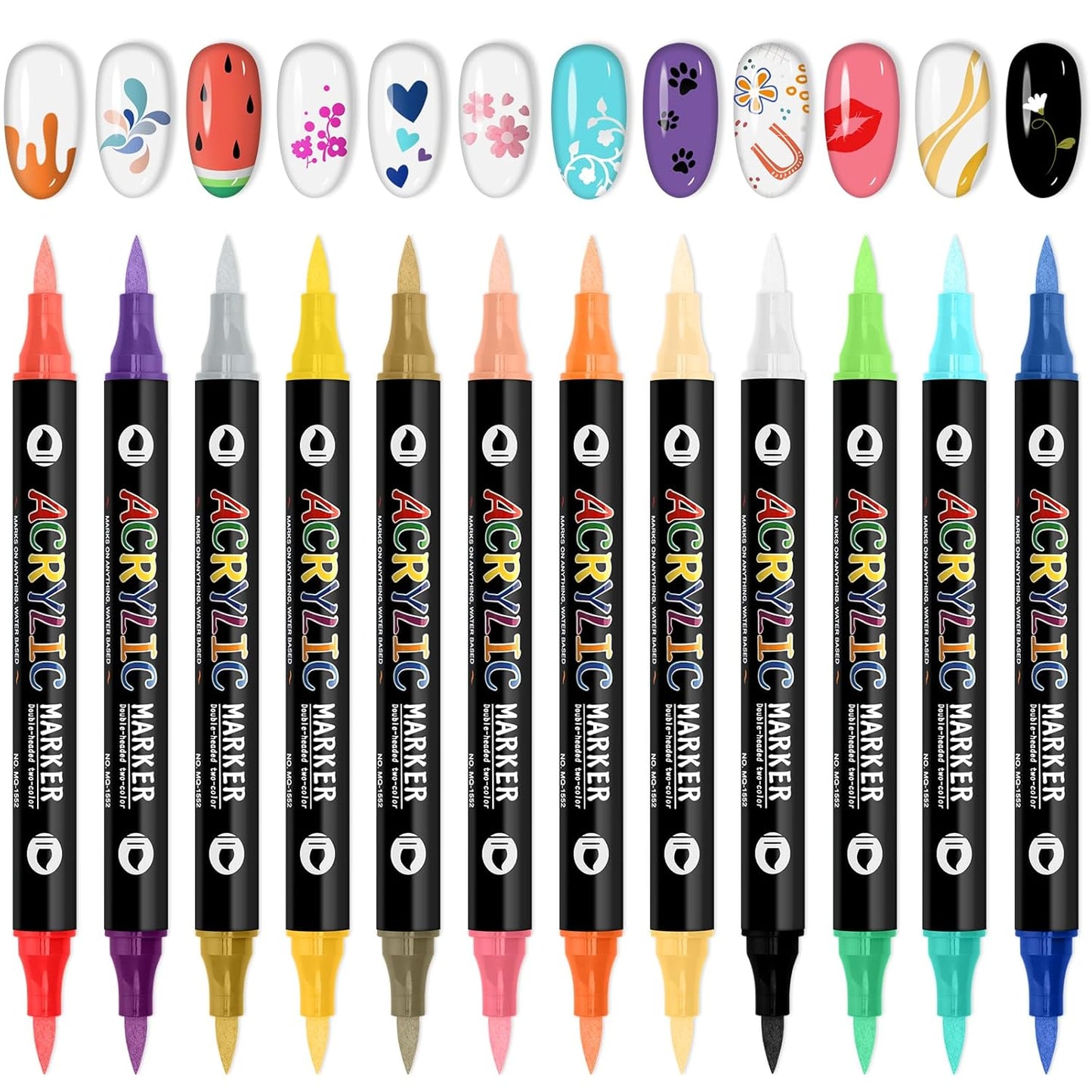 EBANKU 24 Color Nail Art Pens Set 3D Acrylic Paint Nail Art Quick-Drying Nail Point Dotting Liner Pen Sets for Home & Salon Nail DIY, 12 Count Double Headed Nail Pens