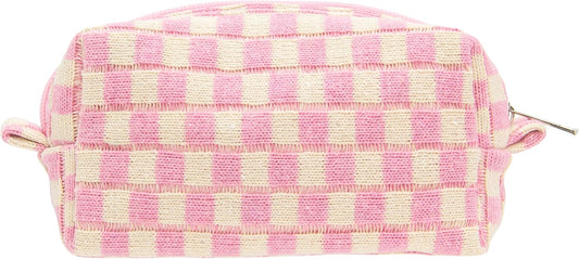 PAZIMIIK Checkered Makeup Bag for Purse Portable Zipper Make Up Pouch Small Cosmetic Case for Travel Accessories Pink Beige