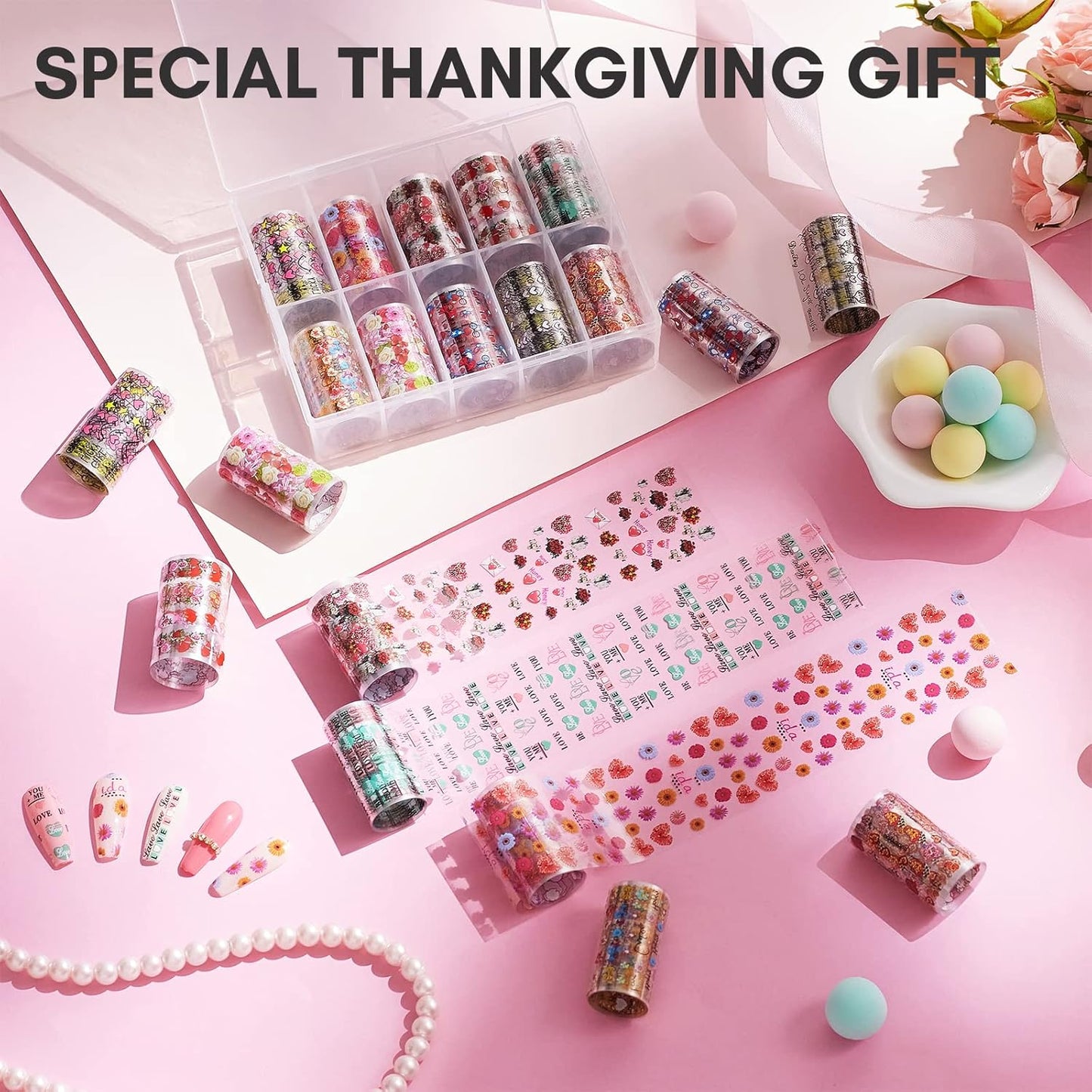 Makartt Nail Foil Sheets, 10 Rolls Thanksgiving Valentine Theme Transfer Nails Sticker for DIY Art Decorations & Design - 2.5x100cm