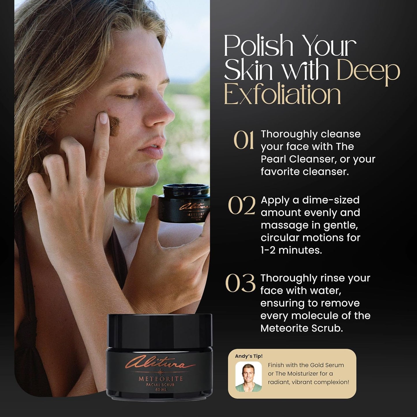 Alitura Meteorite Scrub – Exfoliating Face & Body Scrub with Pearl Powder & Bamboo Stem Cells – Brightening & Anti-Aging Exfoliant for Dead Skin, Dark Spots, and Fine Lines – For Men & Women, 60ml