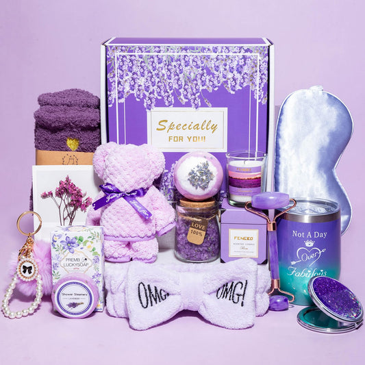 Birthday Gifts for Women,Gifts for Her Purple Gifts Basket for Women Happy Birthday Lavender Relaxing Gift Set Self Care Package Unique Female Gift Ideas Birthday Presents Female Friendship Gifts