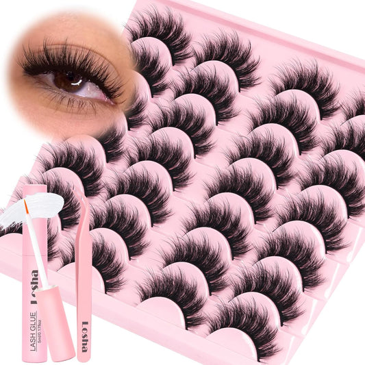 Losha Lashes Fluffy False Eyelashes 5D Volume Eye Lashes Kit with Lash Glue and Lash Tweezers 14 Pairs Vegan Fake Eyelashes Soft Faux Mink Lashes Pack (Thrives)