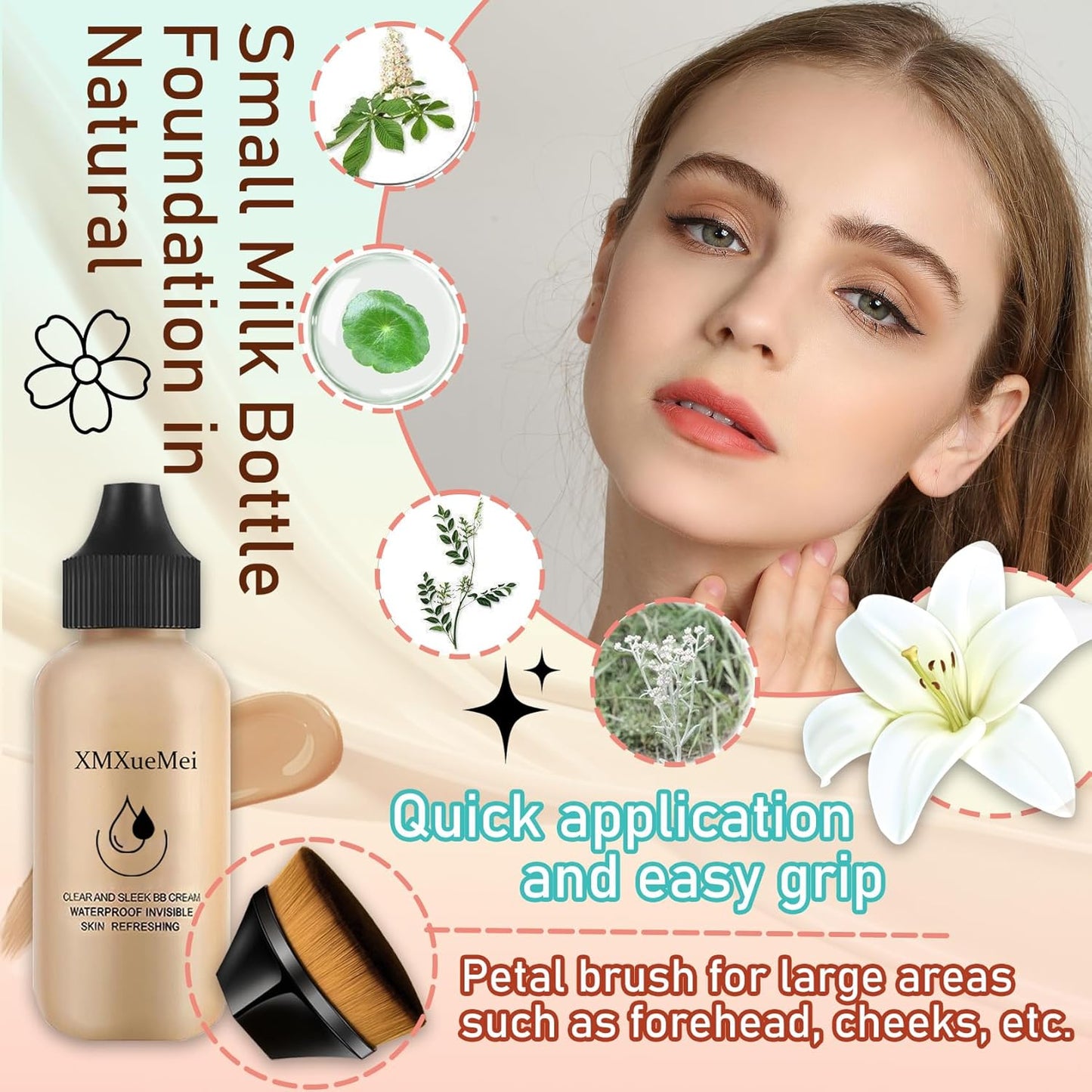 Mushroom Head Air Cushion CC Cream Foundation Set,Includes Full Coverage Foundation,Moisturizing BB Cream,Waterproof Loose Setting Powder,Black Petal Brush and Pink Makeup Sponge