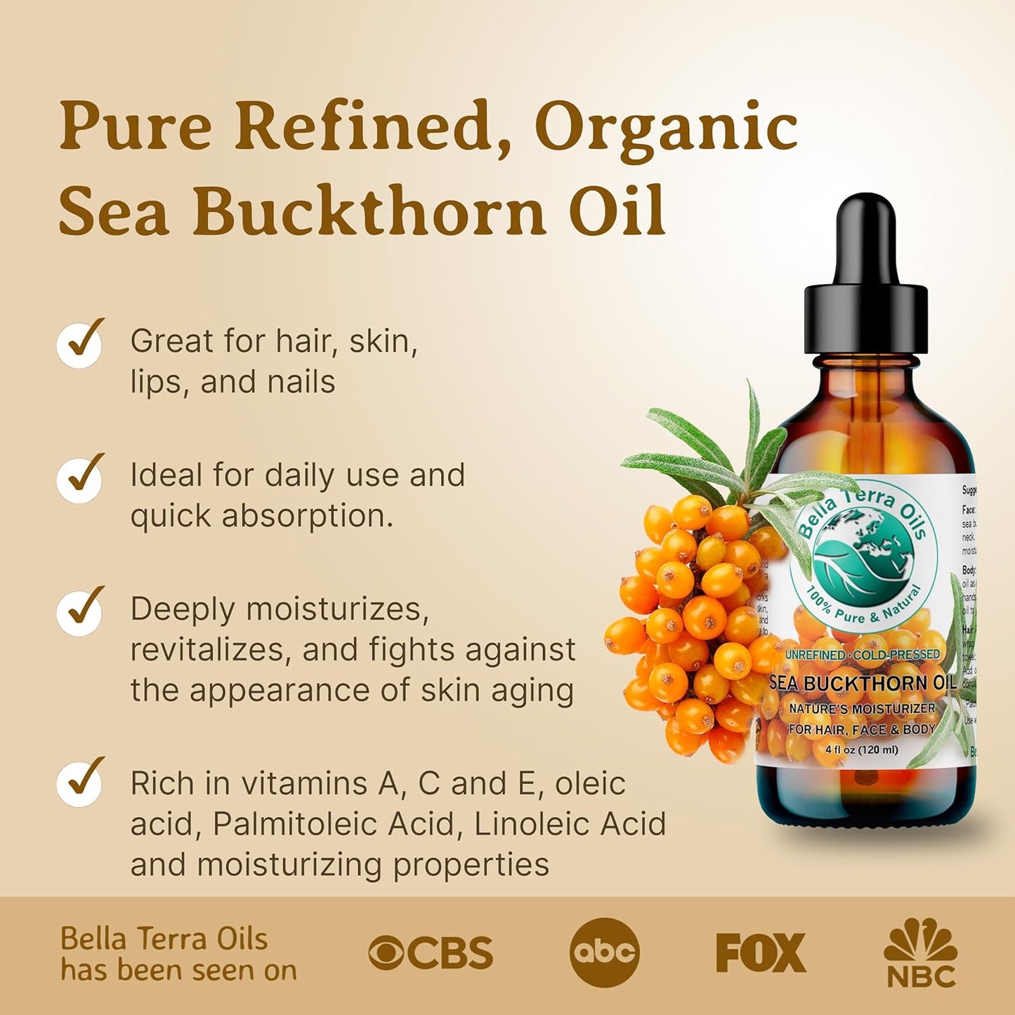 Bella Terra Oils - Sea Buckthorn Oil 4 oz - Unlock the Gold Standard in Skincare, Infused with Omega-3, Omega-6 & Carotenoids, Elevate Your Cosmetic Routine