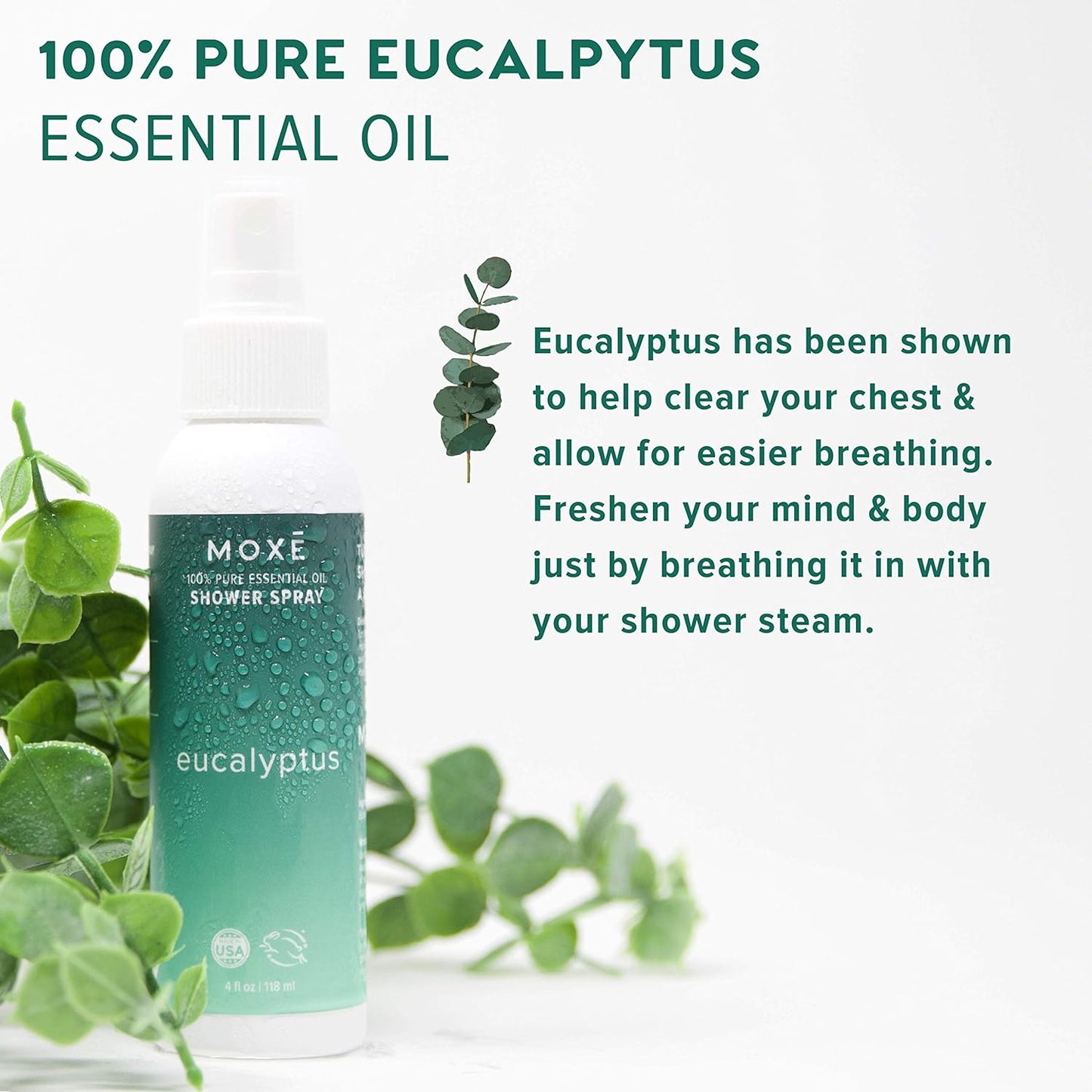 MOXE Eucalyptus Oil Shower Mist, Spa Steam Spray, Certified Natural 100% Essential Oils, Made in USA, Aromatherapy, Sinus Congestion Relief, Tension Relief (8oz)