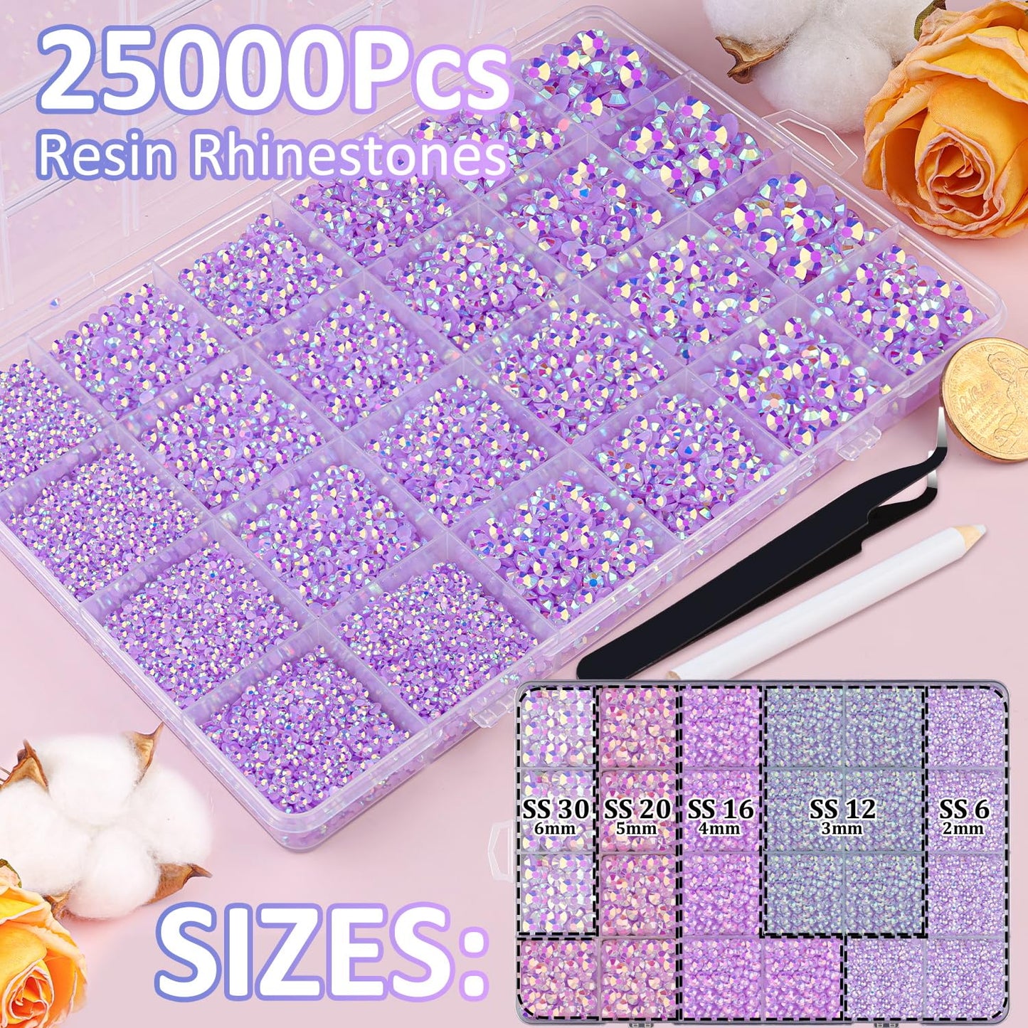 25000Pcs Resin Jelly Rhinestones with Tweezers for Crafting, Lavender Purple AB Flatback Gems, Bedazzling Crystal with 3Pcs 10ml B7000 Jewelry Glue for DIY Crafts Clothing Tumblers Shoes Nail Art