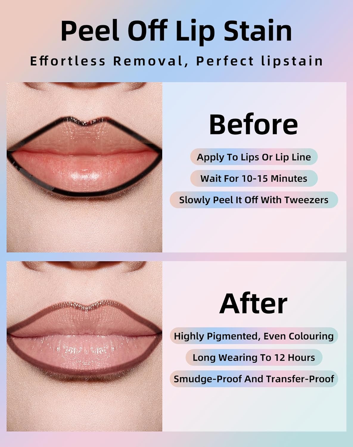 KIMUSE Lip Stain Peel Off, Peel Off Lip Liner Stain with Tweezer, Long Lasting, Waterproof, Transfer Proof Lipstains Color, Smudge-Free, Easy Removal, Matte Finish