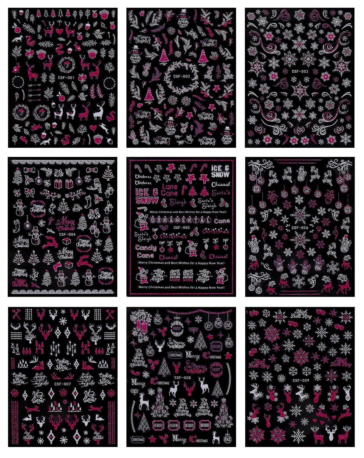 JMEOWIO 9 Sheets Christmas Pink Glitter Nail Art Stickers Decals Self-Adhesive Snowflake Winter Holiday Nail Supplies Nail Art Design Decoration Accessories