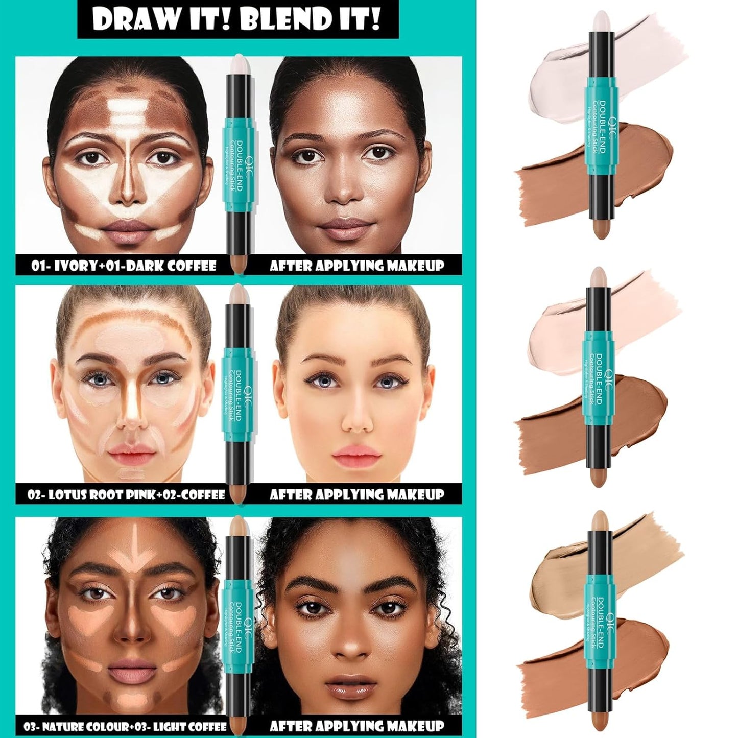 MEICOLY 2-in-1 Highlighter Contour Stick,Cool Toned Contour Stick,Makeup Highlighter Stick,Long Lasting Waterproof Bronzer Contour Pencil,Travel Cream Face Shaping Stick,02