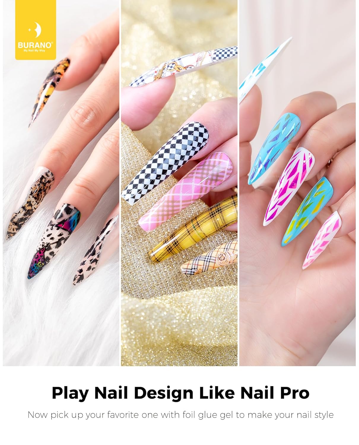 BURANO Nail Art Nail Foil Glue Gel, o.5 oz with 10PCS Foil Stickers Set Nail Foil Glue for Nails Foil Transfer Gel, Nail Design DIY UV LED Lamp Required (Flower Foil 10)