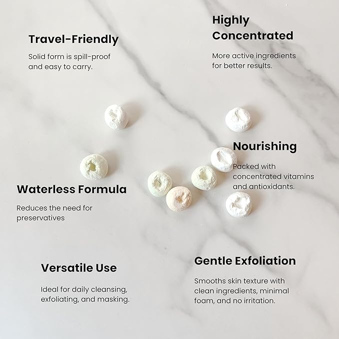 3-in-1 Solid Facial Cleanser, Exfoliator, and Wash-off Mask - Vegan, Cruelty-Free, Plastic-Free, Travel-Friendly, 1 Month Supply (60 Crushable Tablets) in Tin (Purifying Beans in Tin)