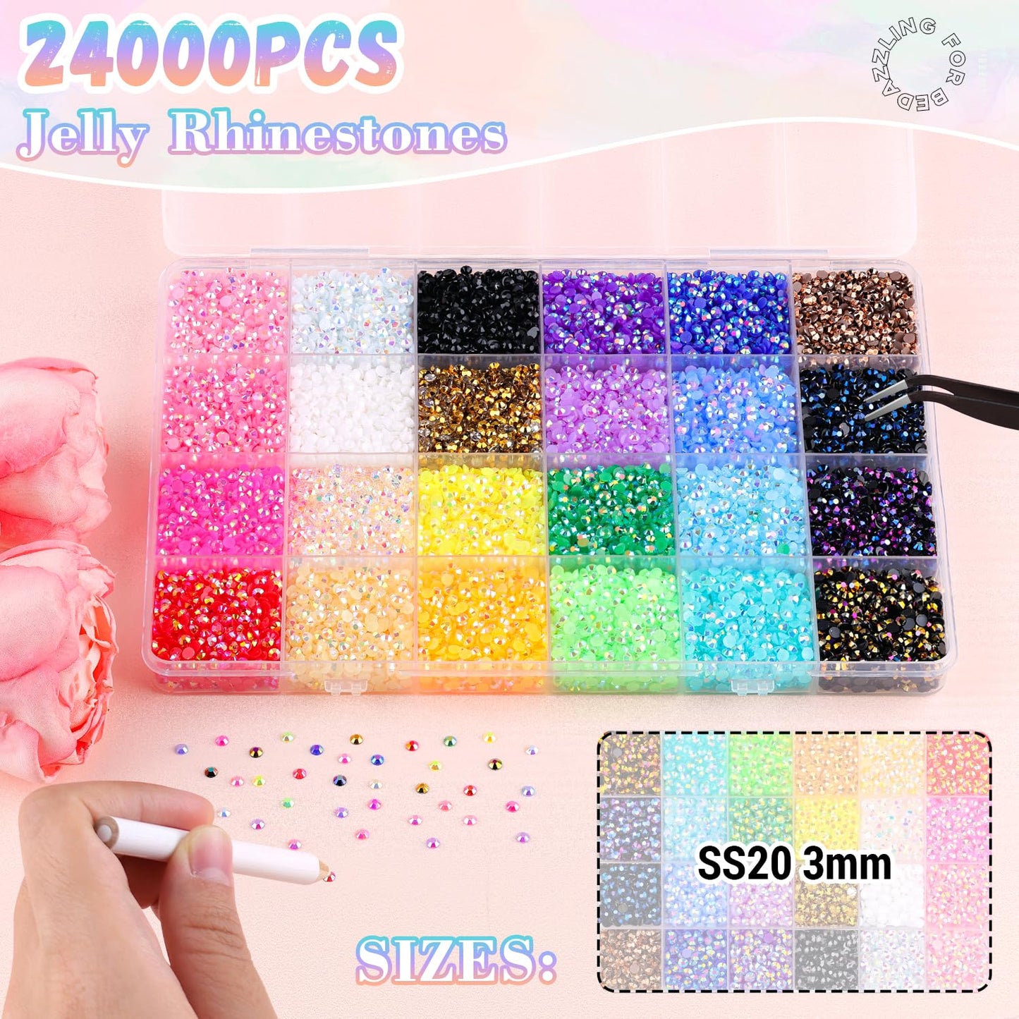 24000Pcs Resin Rhinestones for Bedazzling with B7000 Jewelry Glue, Colorful 3mm Non Hotfix Flatback Gems, Rhinestones for Crafting DIY Crafts Clothing Tumblers Mugs Shoes Fabric Decor Nail Art
