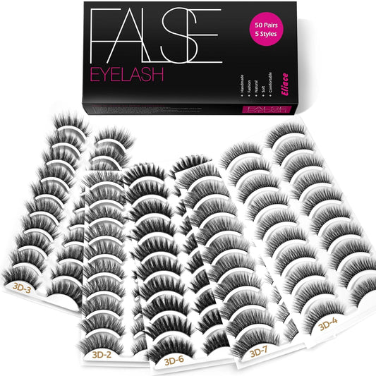 Eliace Eyelashes, (50 Pairs,5 Styles) Luxurious Faux Mink Lashes Natural Look Wispy Fluffy Handmade Cat Eye False Lash Pack, False Eyelashes Set, Fake Lashes Strips, Makeup Fake Eyelashes Pack