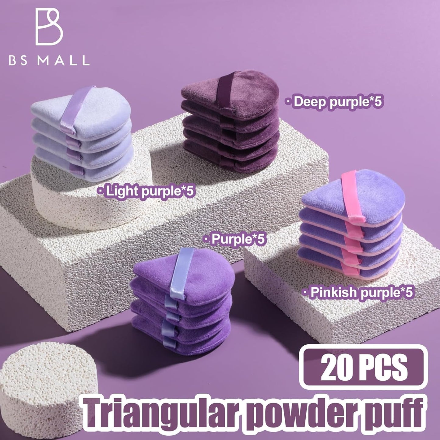 BS-MALL Triangle Puffs, Makeup Sponge Set 20 Pieces, Cosmetic Applicators for Foundation, Powder, Blush Large Pack (Purple)