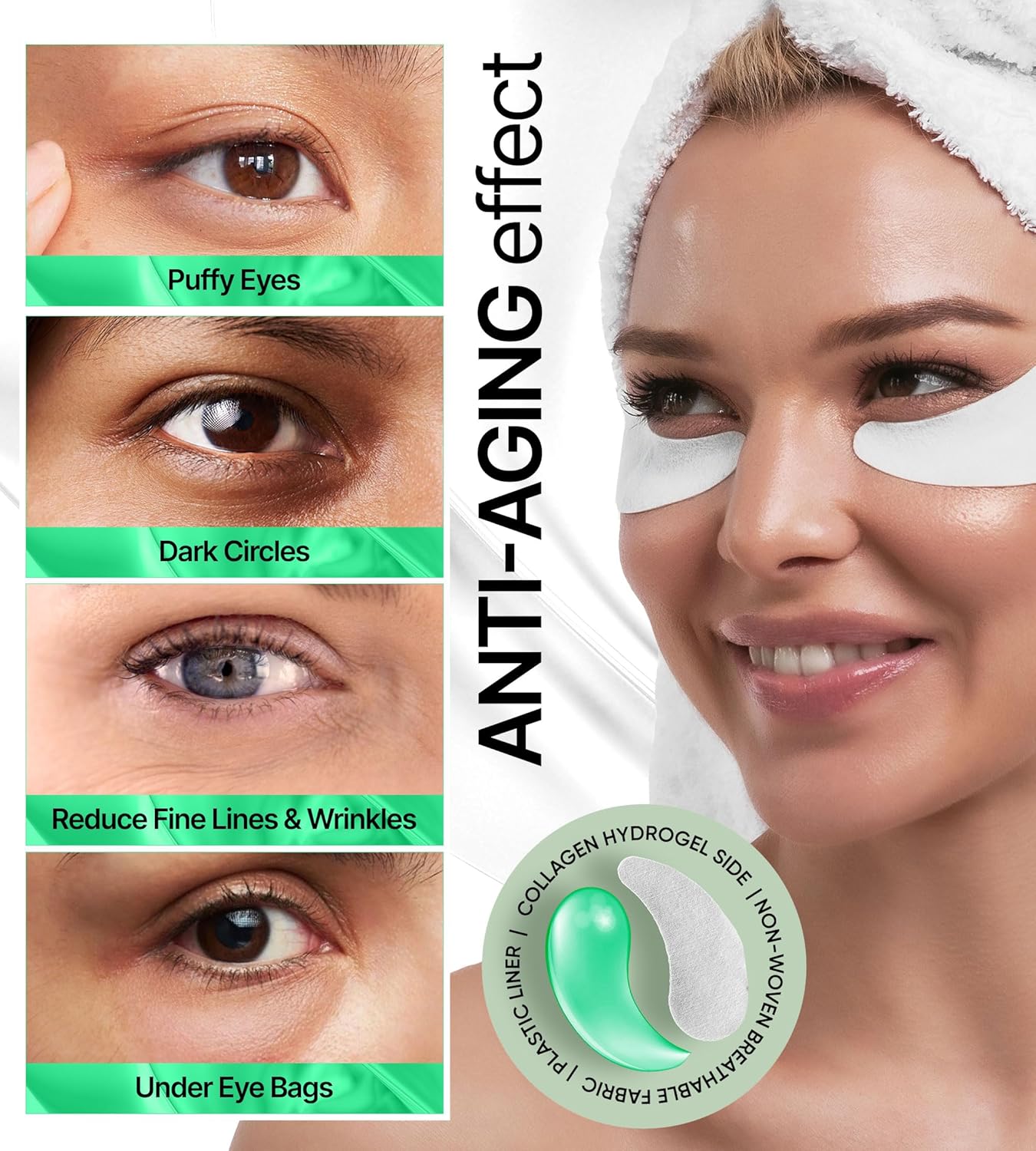 Under Eye Patches for Dark Circles, Puffiness 15 PAIRS - Dark Circles Under Eye Treatment - Under Eye Mask Gel - Under Eye Gel Patches for Puffy Eyes - Green Tea, Collagen Eye Patches - Under Eye Pads