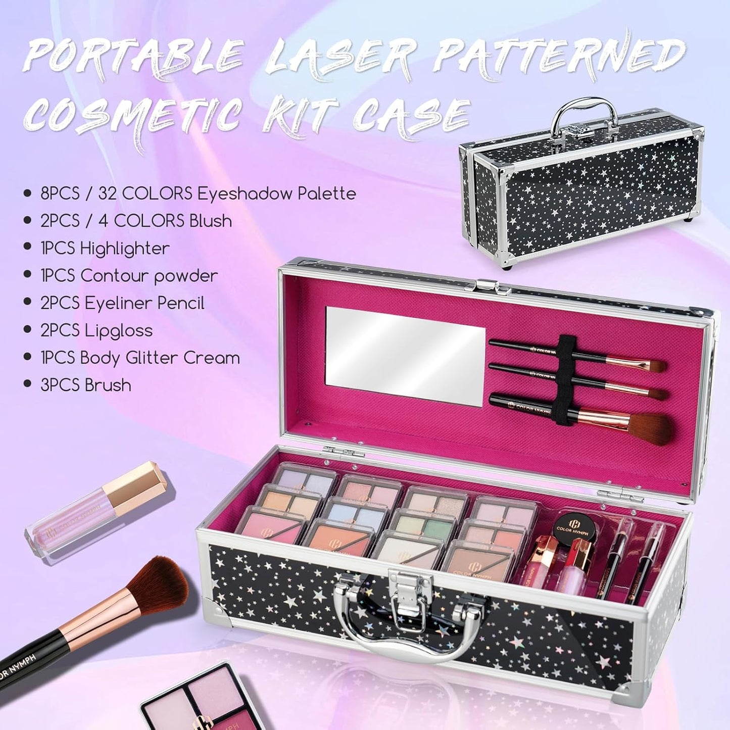 Color Nymph Beginners Makeup Kit With Train Case For Teenagers Girls, Full Starter Cosmetics Set Included 32 Colors Eyeshadow, Glitter Cream, Blush, Highlighter, Lip Gloss and Brush (Black)