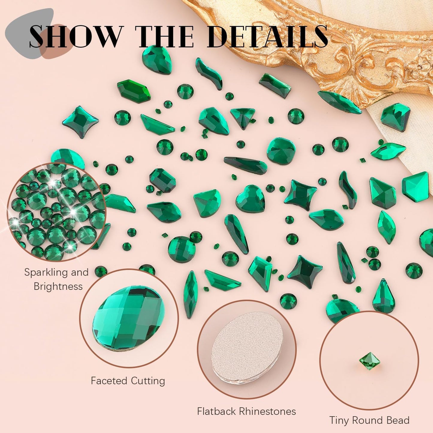 2750Pcs Emerald Green Glass Nail Rhinestones 240Pcs Multi Shapes Flatback Nail Gems + 2510Pcs 1.5-4mm Round Crystal, Manicure Nail Charms Diamond Gemstone for Acrylic Nails Decoration