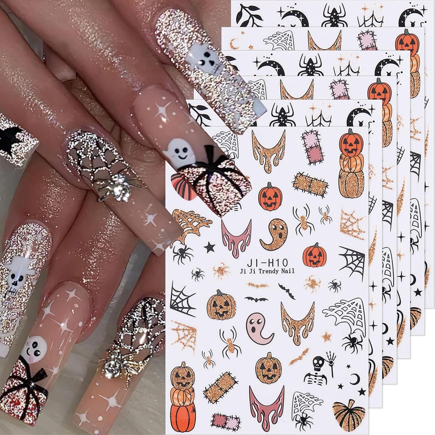 Halloween Nail Stickers 6PCS - Spooky Ghost Pumpkin Skull Cat Glitter Nail Decals, 3D Self-Adhesive Nail Art Supplies for Women, Festive Holiday Nail Decorations