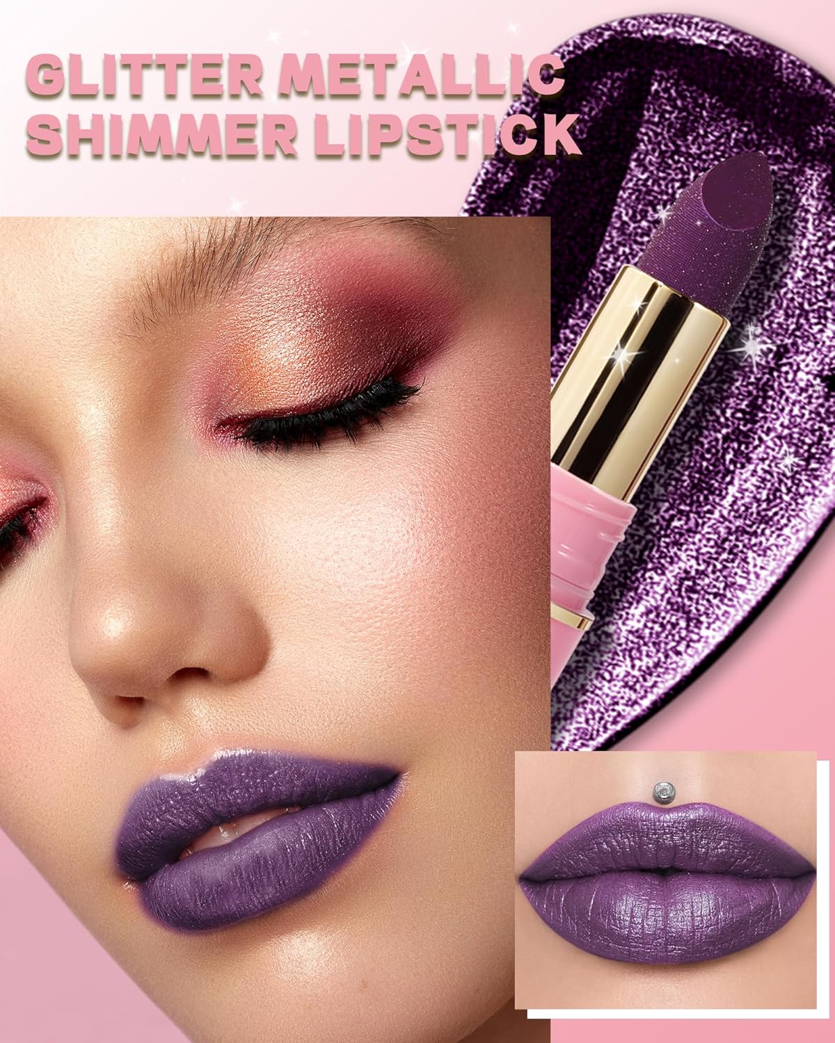 Glitter Metallic Purple Nude Shimmer Lipstick Long Lasting, Glitter Diamond Shine Red Lipstick Transfer Proof Non-Stick Lip Gloss Shimmer Highly Pigmented Full Coverage Lip Makeup for Women-07