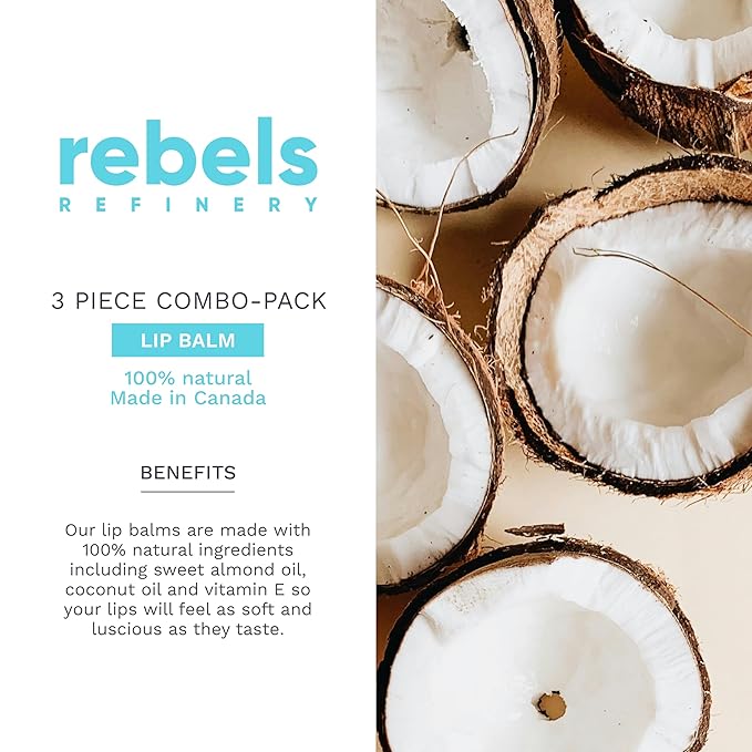 Rebels Refinery Mixed Lip Balm Trio - 100% Natural & Organic All-Day Moisture Care - Summer Citrus, Sour Blue Raspberry, Strawberry Mango Flavors