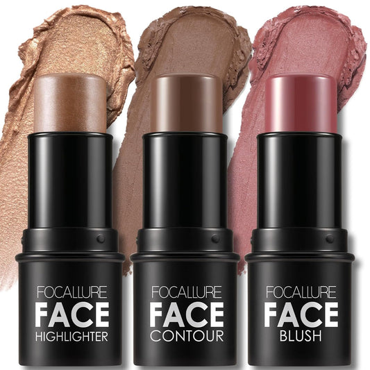FOCALLURE 3 Pcs Cream Contour Sticks,Shades with Highlighter & Bronzer & Blush,Non-greasy Long-wear Face Contouring Pen,Easy to Sculpt the Face and Create a Lightweight Finishing Makeup,MEDIUM-DEEP