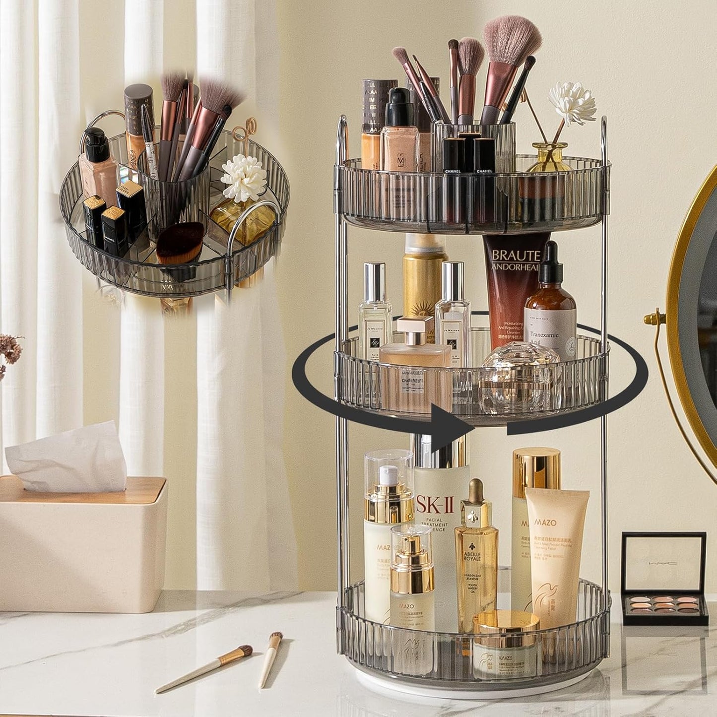 Rotating Makeup Organizer for Vanity, High-Capacity Skincare Clear Make Up Storage Perfume Organizers Cosmetic Dresser Organizer Countertop 360 Spinning (Gray, New-3 Tier)
