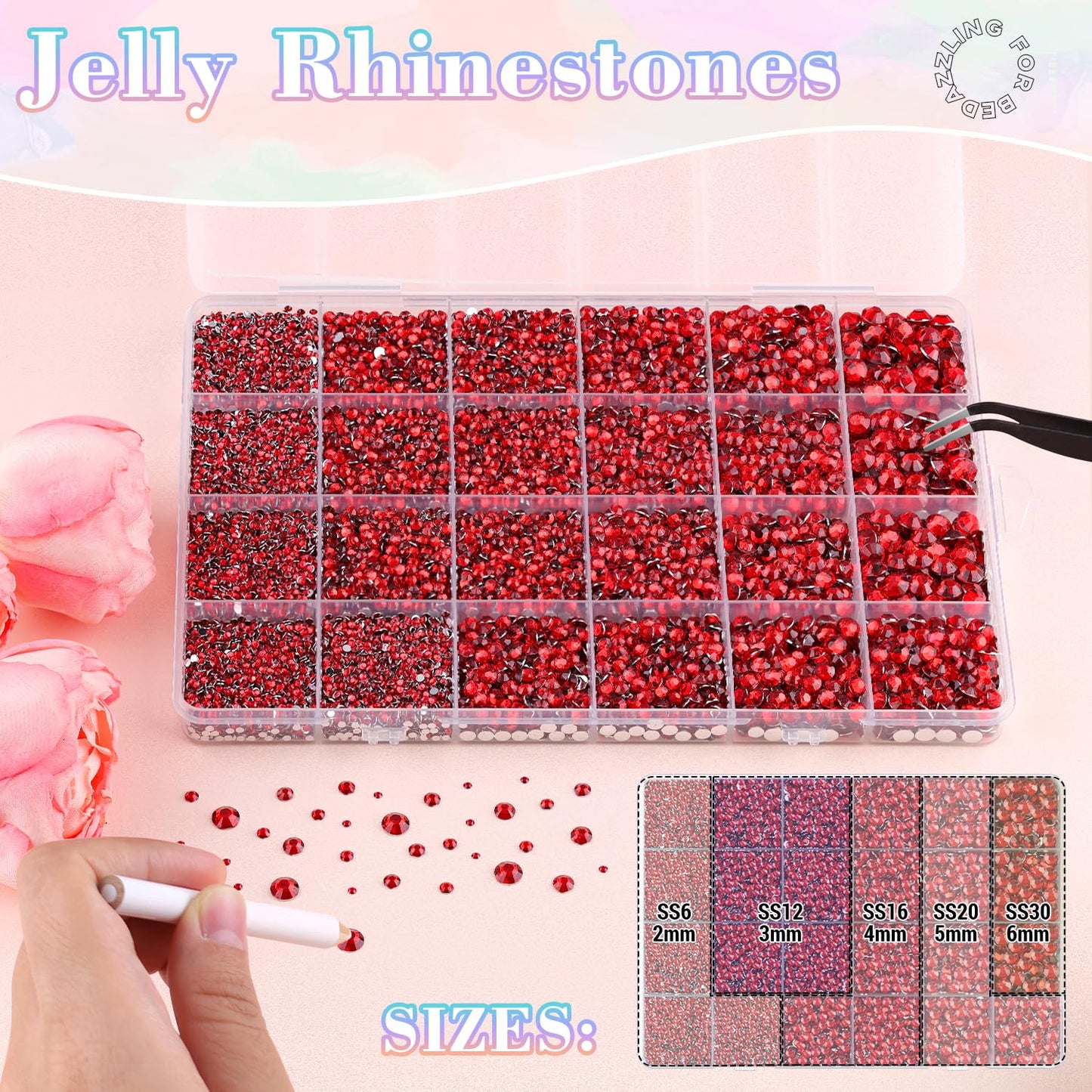 25000Pcs Resin Rhinestones with Tweezers for Crafting, 2-6mm Mixed Sizes (Red) Non Hotfix Flatback Gems, Bedazzling Crystal for DIY Crafts Clothing Tumblers Mugs Shoes Decor Nail Art