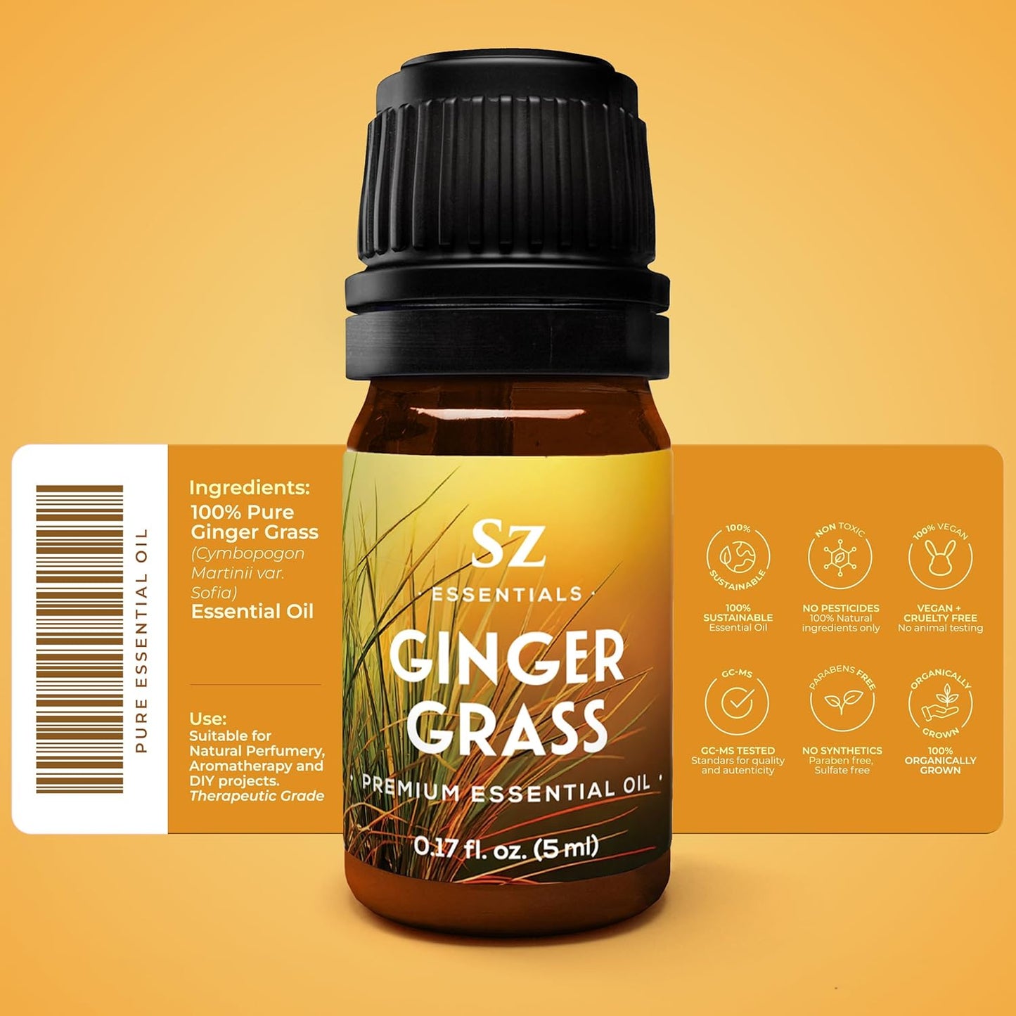 – Ginger Grass Essential Oil – 100% Pure & Undiluted (Cymbopogon martinii VAR. Sofia)– Fresh Citrusy Earthy Aroma – Aromatherapy, Perfumery, Skin Care – Therapeutic Grade - 1/6 oz. 5 mL