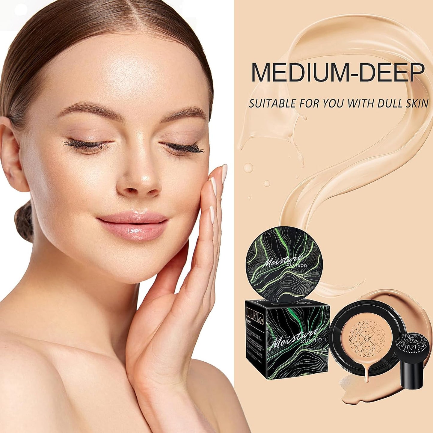 Mushroom Head Air Cushion CC Cream - Long-Lasting Brightening BB Cream Foundation With Powder Puff for Face Makeup, Moisturizing Full Coverage Self Adjusting Concealer (Natural, 1 PCS)