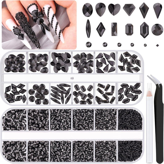 2680Pcs Black Glass Rhinestones 120Pcs Multi Shapes Flatback Gems + 2560Pcs 1.5-4mm Round Crystal, Manicure Charms Diamond Gemstones for Acrylic Nail Decoration