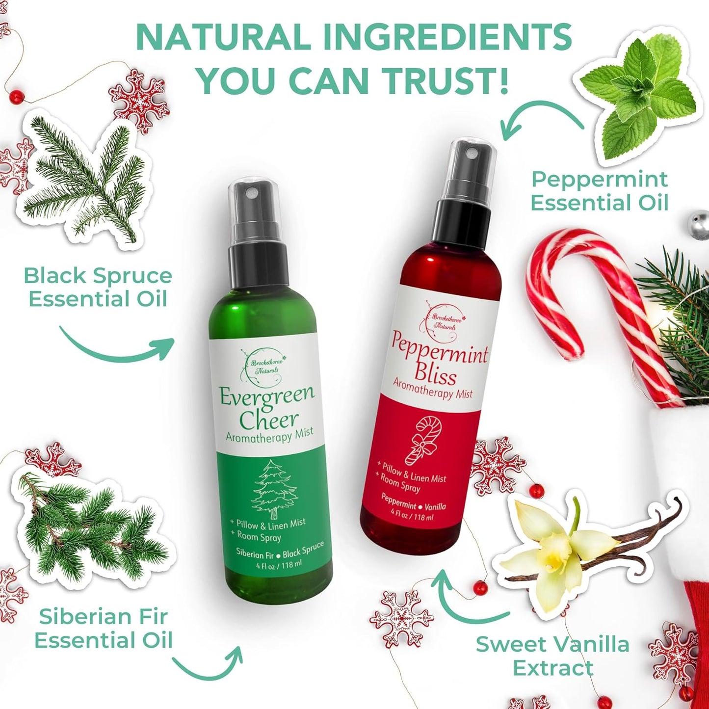 Holiday Aromatherapy Mist 2-Pack – Evergreen Cheer & Peppermint Bliss | Natural Air Freshener & Linen Mist | Perfect Christmas Room Spray & Stocking Stuffer