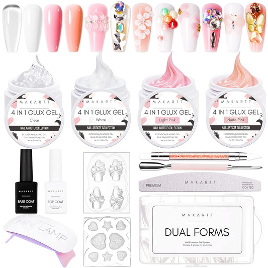 Makartt 3d Gel Nail Art Kit: Non-Stick-Hand Solid Gel Builder, All in One, Clear White Pink 4 Colors Base Top Coat UV LED Lamp File Dual Forms Picker Tool Cuticle Pusher Silicone Molds Sculpting Brush