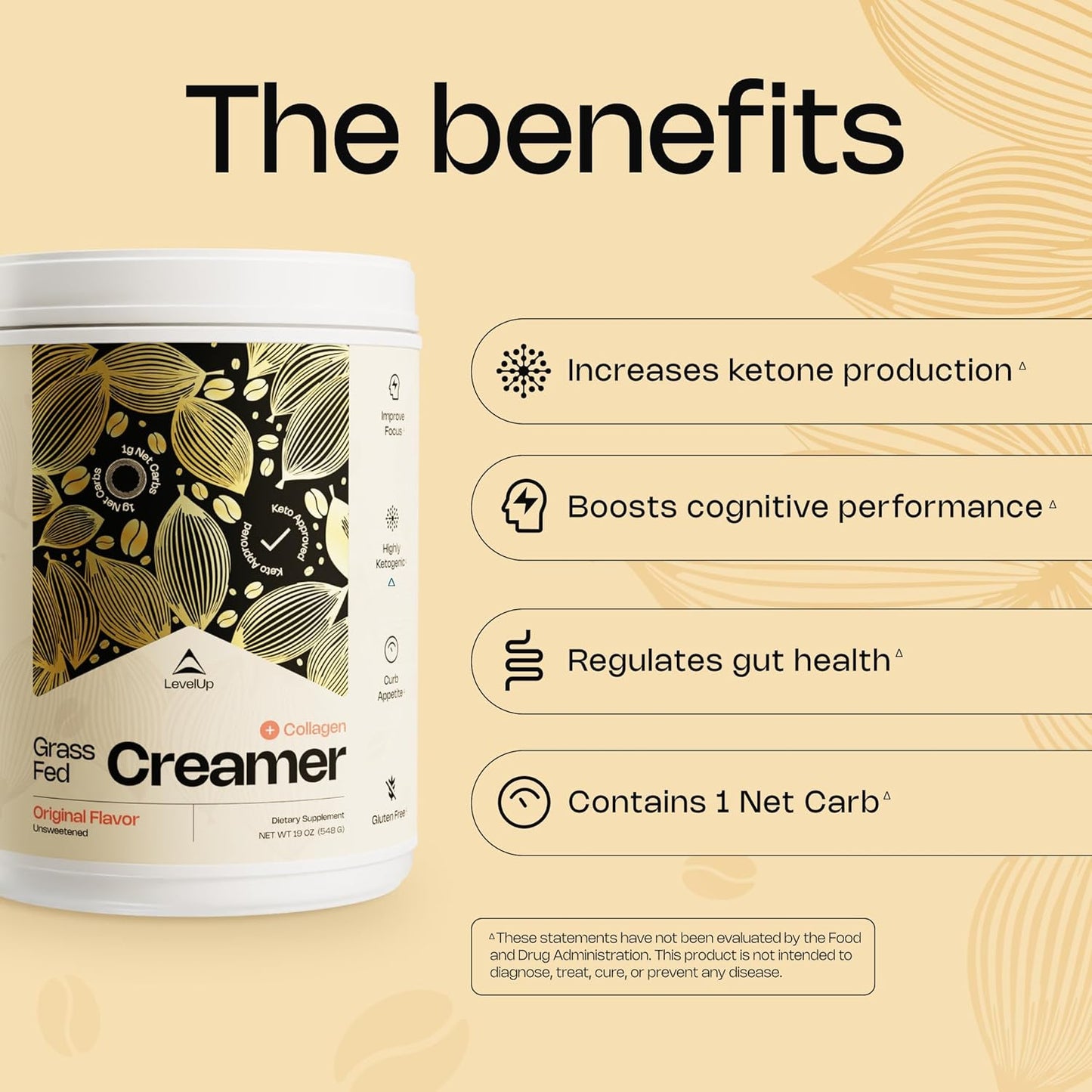 LevelUp Creamer, with Energizing MCT Oil and Collagen Peptides, Keto Coffee Creamer, Supports Natural Energy & Ketone Production - Original (Unsweetened) 7 oz