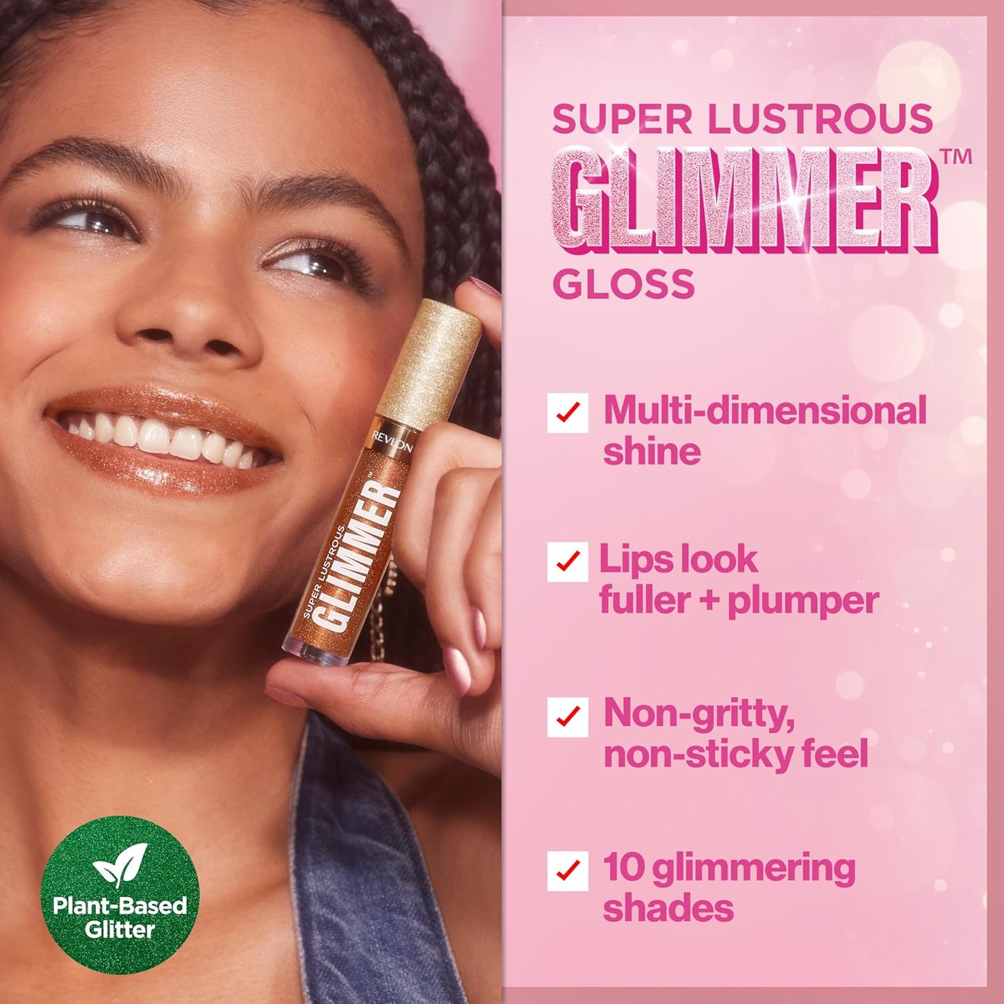 REVLON Super Lustrous Glimmer Gloss, Non-Sticky Lip Gloss, High-Shine Finish, Plant-Based Glitter, 001 Diamond Drama, 0.13 fl oz