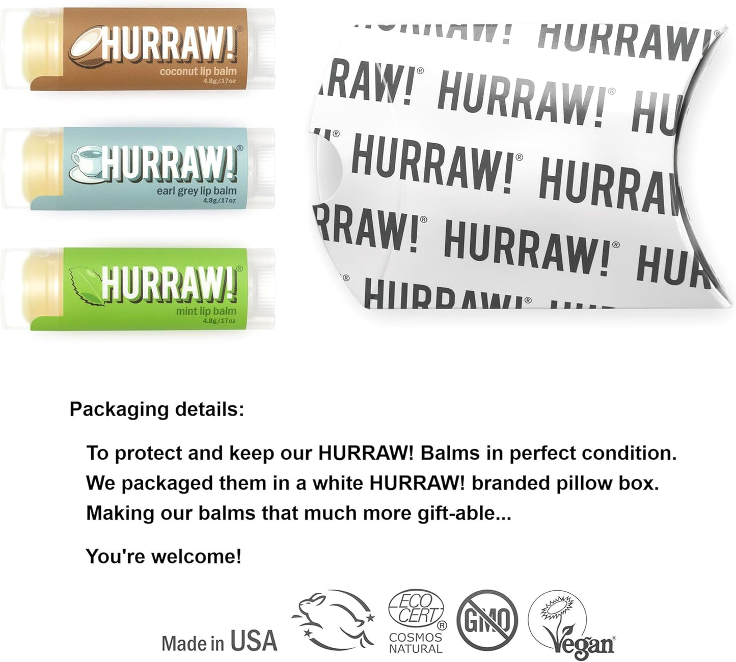 Hurraw! Coconut, Earl Grey, Mint Lip Balms, 3 Pack Bundle: Organic, Certified Vegan, Cruelty and Gluten Free. Non-GMO, 100% Natural Ingredients. Bee, Shea, Soy and Palm Free. Made in USA