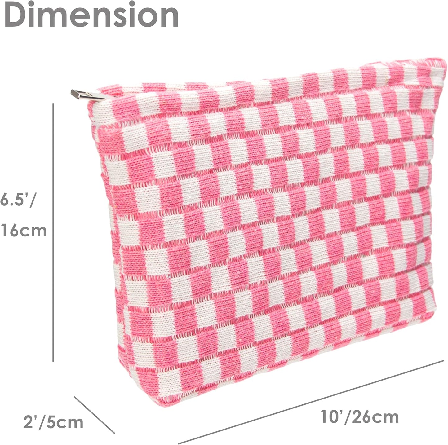 Knitted Checkered Makeup Bag Large Zipper Make Up Accessory Pouch for Purse Cosmetic Brush Bag for Travel Essential Pink White