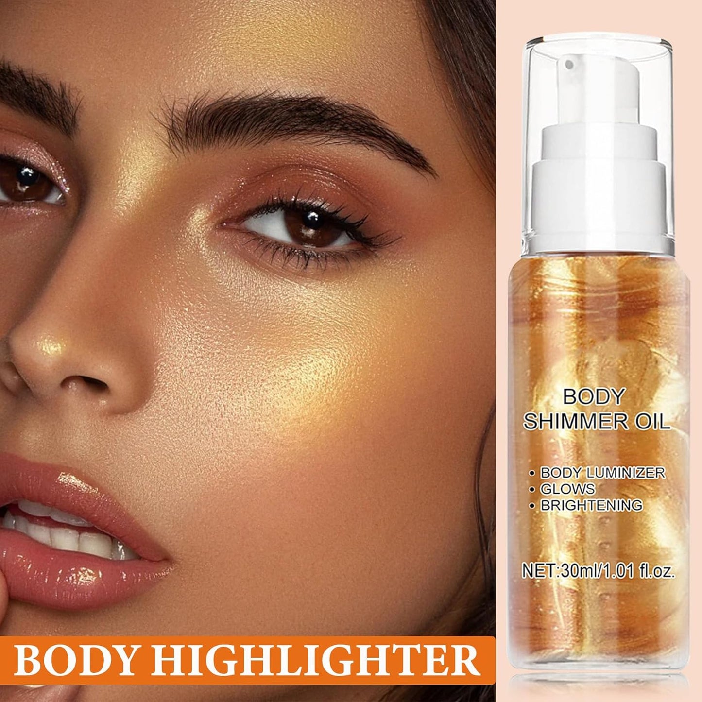 Body Shimmer Oil,Body Shimmer Luminizer for Face & Body,Waterproof Moisturizing Face Brighten Glow Illuminator,Body Highlighter Shine Glitter Liquid Illuminator Body Makeup(Gold)