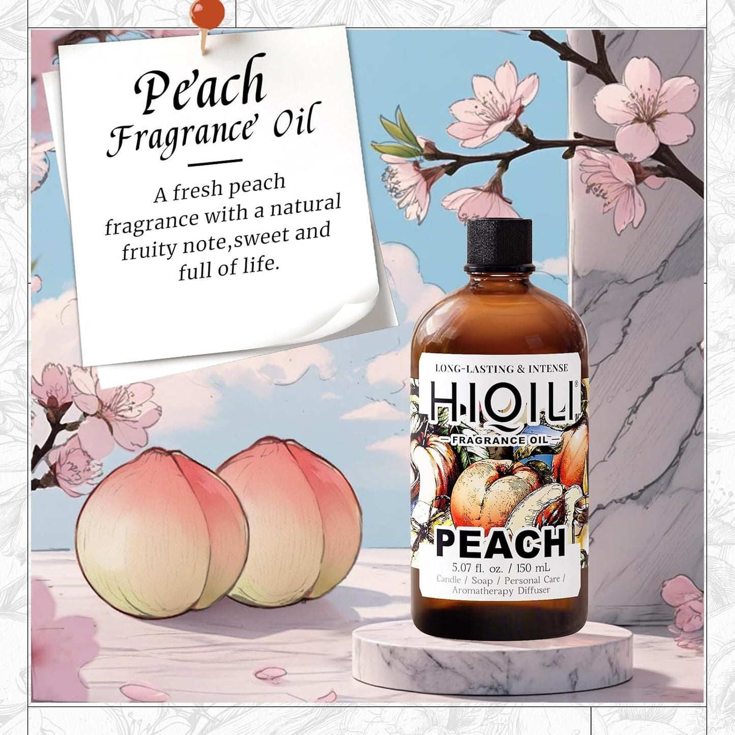 HIQILI Peach Fragrance Oil for Home Diffuser, DIY Candle, Linen & Room Freshener Spray Making, Juicy Fruit Scents - 5.07 Fl Oz