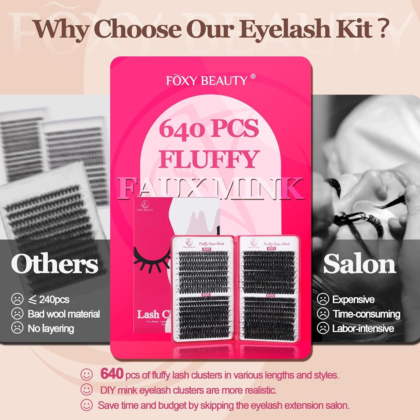 Lash Clusters 640PCS - Natural Fluffy Lash Clusters 40D+60D+80D+100D Fluffy Wispy Lash Clusters D Curl Lash Extension 11-18MM Individual Lash Clusters Cluster Eyelash Extensions for Beginners