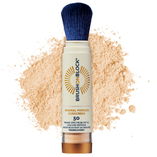 Brush On Block SPF 50 Mineral Powder Sunscreen, Translucent, Broad Spectrum, Water Resistant Face Protection, For All Skin Tones & Types, Reef Friendly, Mfg in USA