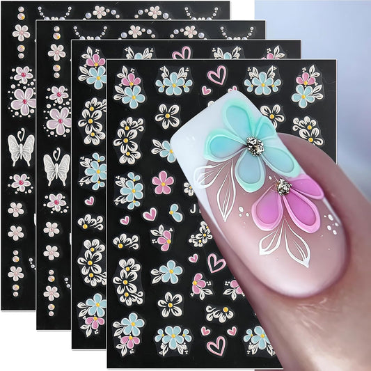 Flower Nail Stickers Decals for Women Girls, 4 Sheets 5D Self-Adhesive Embossed Flower Designs, Semi-Glossy Irregular Fantasy Floral Decals, Spring Summer Nail Accessories