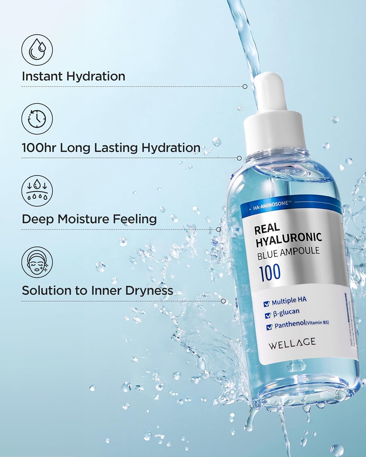 WELLAGE Real Hyaluronic Blue Ampoule 100, Korean Serum, Fragrance Free Hyaluronic Acid Ampoule with Panthenol, Wild yam, Centella for Sensitive Dry Skin Moisturizer 2.54 fl.oz
