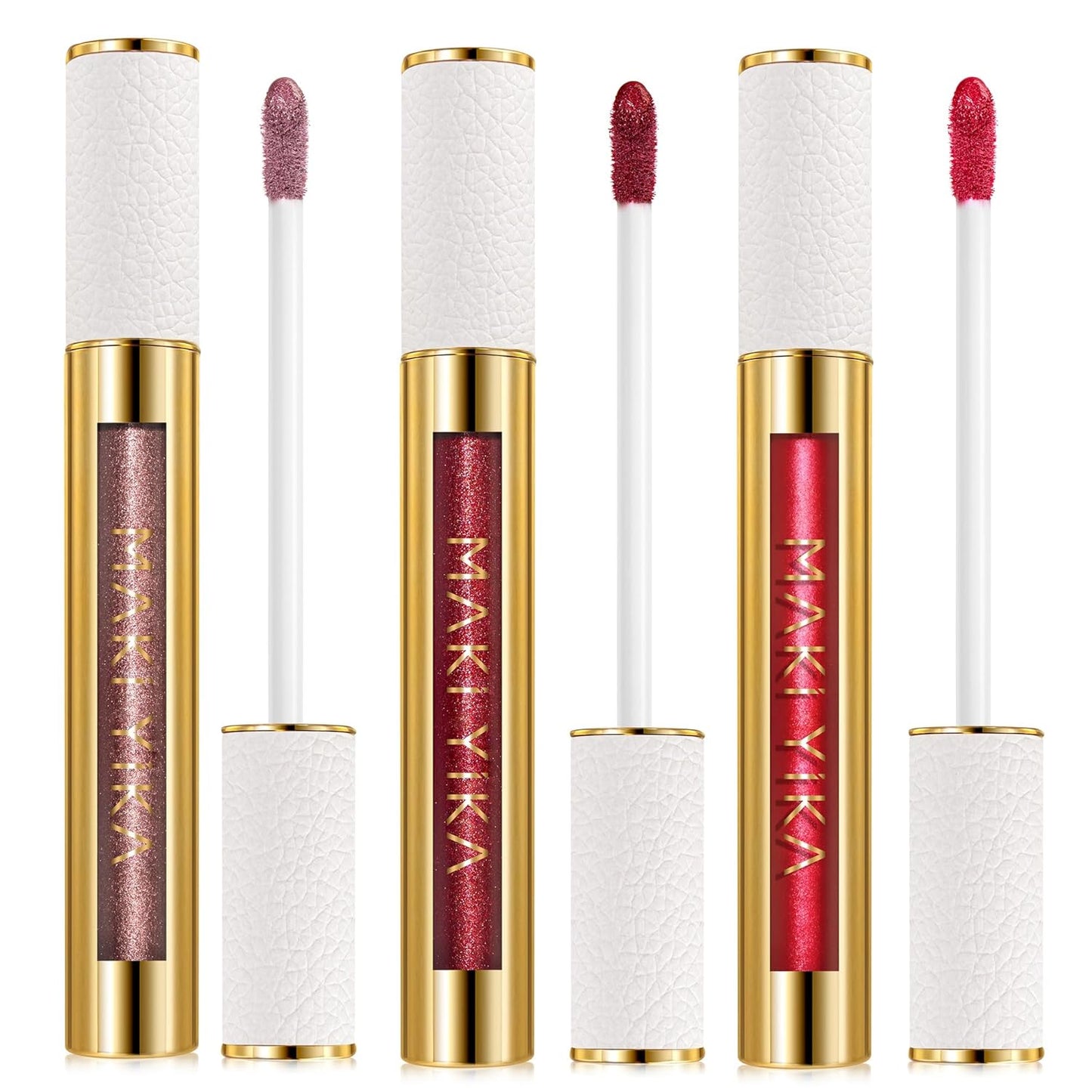 MAKI YIKA 3Pc Metallic Lipstick Long Lasting Nude Pink Red Glitter Lipsticks High Shine Lipstick No Smudge No Transfer Liquid Lip Gloss (Nude/Pink/Red)