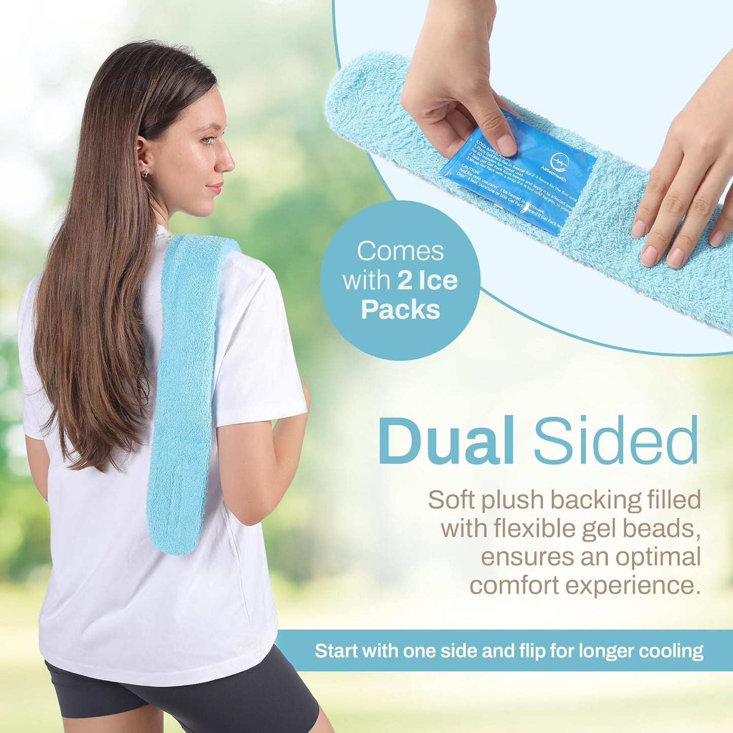 Cooling Towel with Soft Gel Ice Pack Inserts | Included 2 Gel Ice Packs Reusable - Multi Purpose Compression Wrap - Neck, Legs, Arms, Shoulders - Ideal for Post Surgery, Migraines, Hiking and Injuries