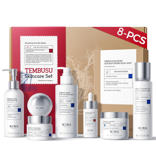 Skin Care Set – Tembusu Essence 8-Step Routine with Amino Cleanser Clay Mask Toner Salicylic Acid Serum Cream Eye Treatment – Hydrating Moisturizing Anti-Aging All Skin Types