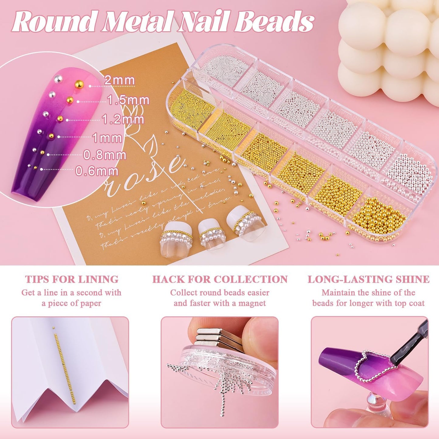 2 Boxes Metal Nail Beads (Silver+Gold) and 3D Flowers and Glass Rhinestones (Clear) for Art, Half Flatback Pearls (White) Crystals Pearl Nail Charms and Round Caviar Beads for Manicure Decor